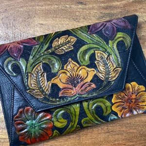 Mexican hand tooled & painted floral leather boho oversized clutch cross…